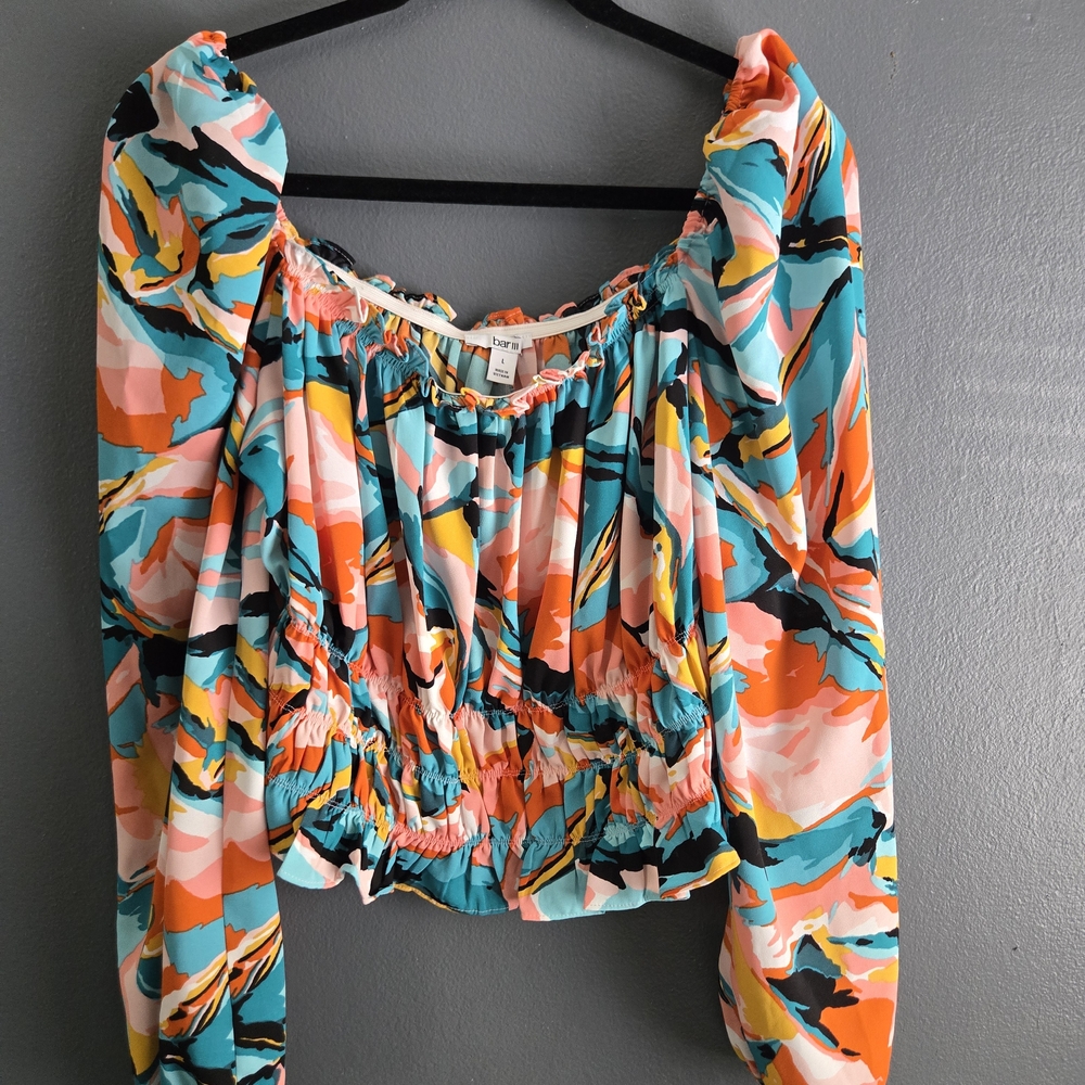 Bar III Tropical Maximalism Smocked Shirred Waist Off the Shoulder Top Large